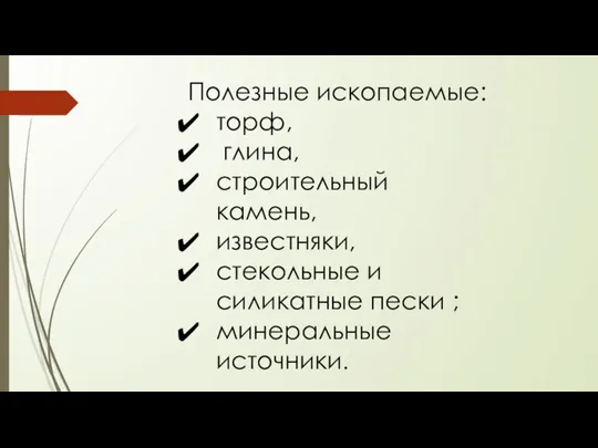 Полезные ископаемые: торф, глина, строительный камень, известняки, стекольные и силикатные пески ; минеральные источники.