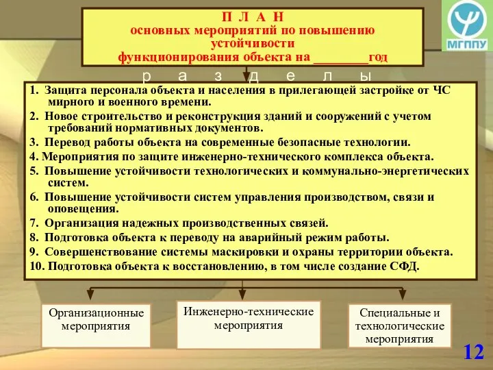 П Л А Н основных мероприятий по повышению устойчивости функционирования объекта