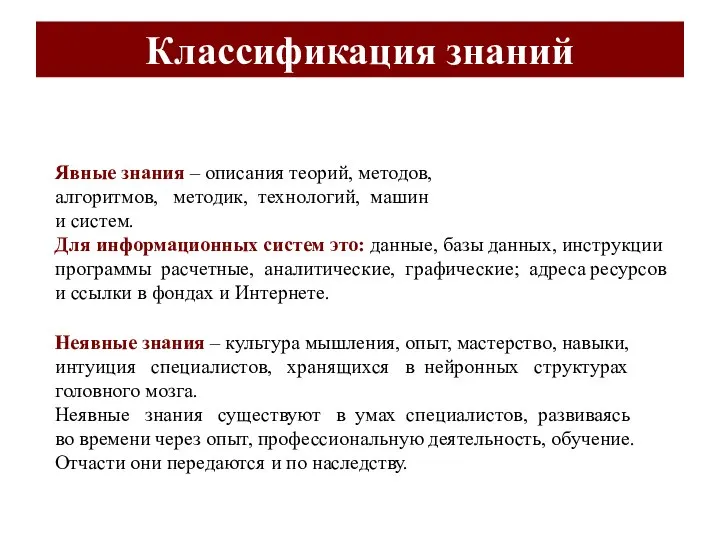 Классификация знаний Явные знания – описания теорий, методов, алгоритмов, методик, технологий,