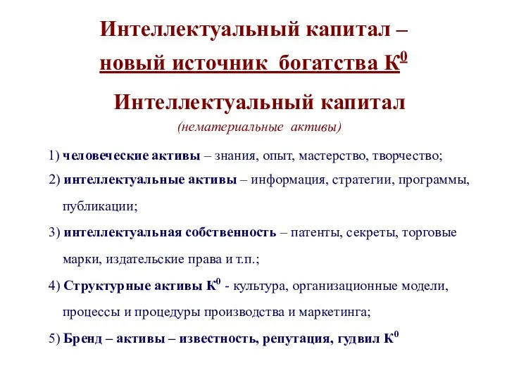 Интеллектуальный капитал – новый источник богатства К0 Интеллектуальный капитал (нематериальные активы)