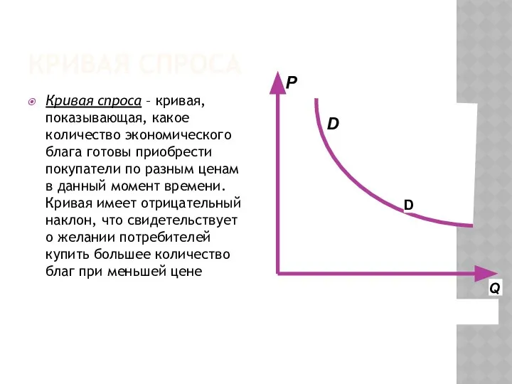 КРИВАЯ СПРОСА Кривая спроса – кривая, показывающая, какое количество экономического блага