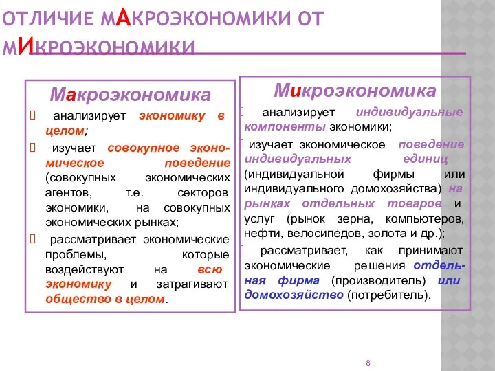 ОТЛИЧИЕ МAКРОЭКОНОМИКИ ОТ МИКРОЭКОНОМИКИ Maкроэкономика анализирует экономику в целом; изучает совокупное