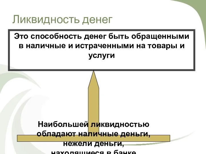 Ликвидность денег Это способность денег быть обращенными в наличные и истраченными