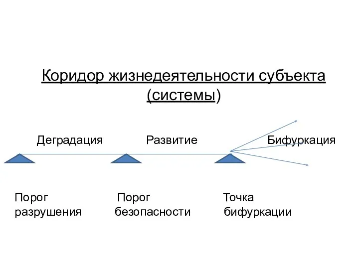 Коридор жизнедеятельности субъекта (системы) Деградация Развитие Бифуркация Порог Порог Точка разрушения безопасности бифуркации