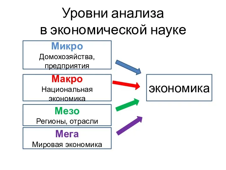 Уровни анализа в экономической науке Микро Домохозяйства, предприятия Макро Национальная экономика