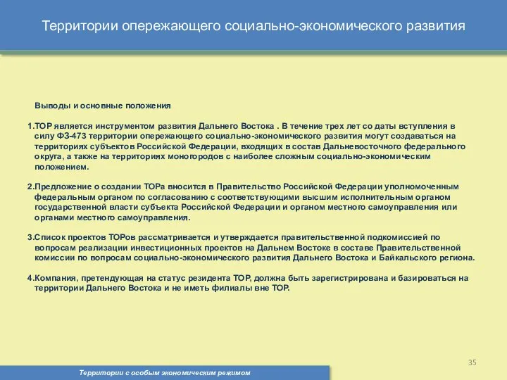 Территории опережающего социально-экономического развития Территории с особым экономическим режимом , Выводы