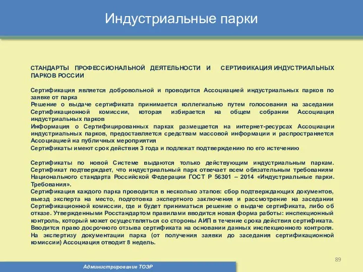 Индустриальные парки Администрирование ТОЭР СТАНДАРТЫ ПРОФЕССИОНАЛЬНОЙ ДЕЯТЕЛЬНОСТИ И СЕРТИФИКАЦИЯ ИНДУСТРИАЛЬНЫХ ПАРКОВ