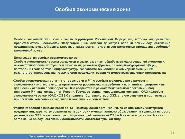 Особые экономические зоны Цели, задачи и типы особых экономических зон Особая