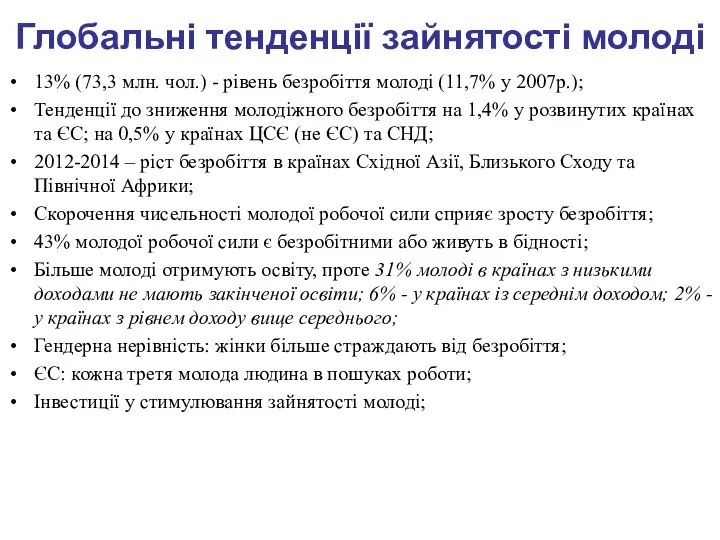 Глобальні тенденції зайнятості молоді 13% (73,3 млн. чол.) - рівень безробіття