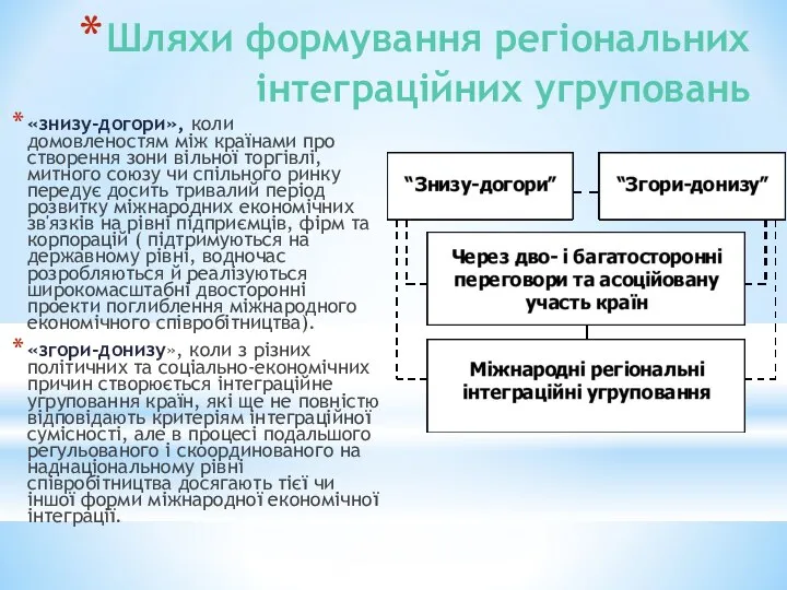 Шляхи формування регіональних інтеграційних угруповань «знизу-догори», коли домовленостям між країнами про