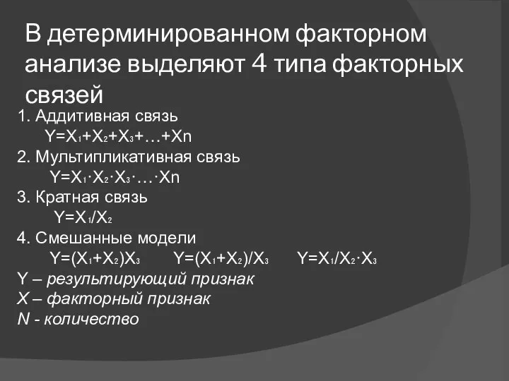 В детерминированном факторном анализе выделяют 4 типа факторных связей 1. Аддитивная