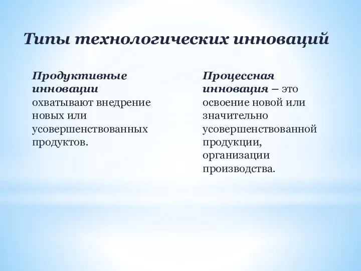 Типы технологических инноваций Продуктивные инновации охватывают внедрение новых или усовершенствованных продуктов.