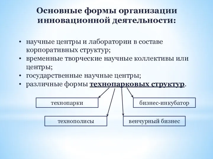 Основные формы организации инновационной деятельности: научные центры и лаборатории в составе