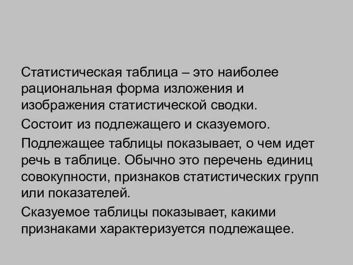 Статистическая таблица – это наиболее рациональная форма изложения и изображения статистической