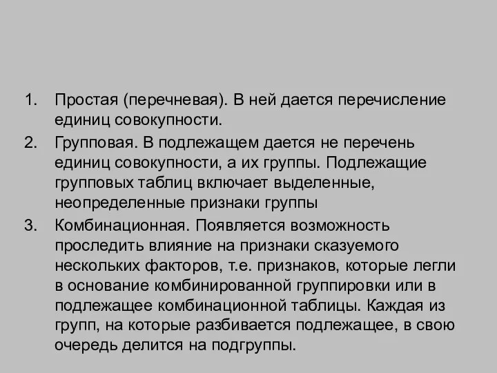 Простая (перечневая). В ней дается перечисление единиц совокупности. Групповая. В подлежащем