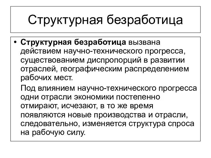 Структурная безработица Структурная безработица вызвана действием научно-технического прогресса, существованием диспропорций в