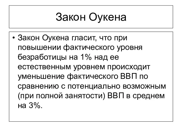 Закон Оукена Закон Оукена гласит, что при повышении фактического уровня безработицы