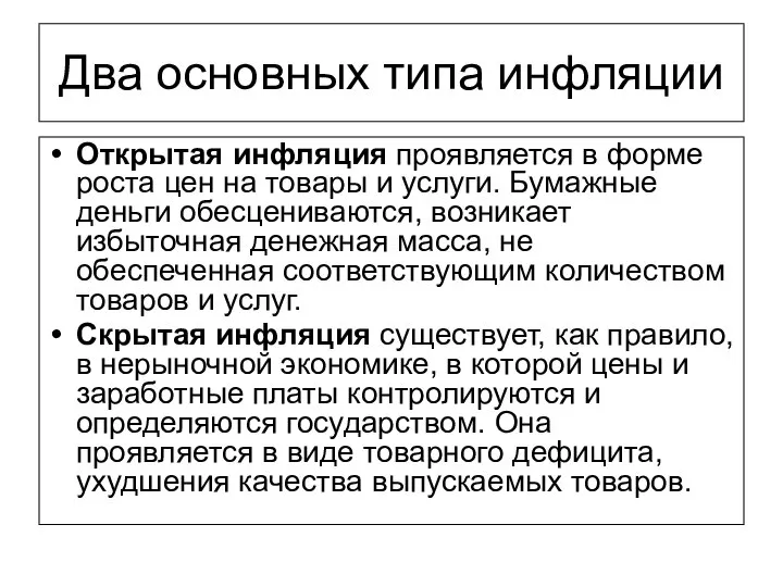 Два основных типа инфляции Открытая инфляция проявляется в форме роста цен