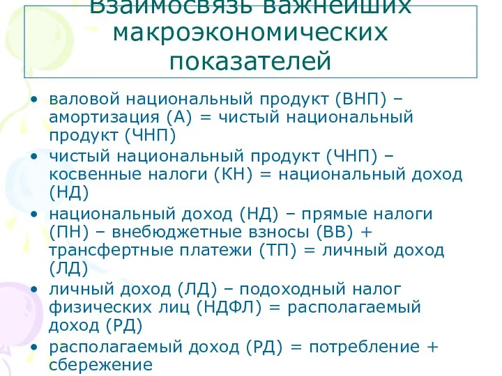 Взаимосвязь важнейших макроэкономических показателей валовой национальный продукт (ВНП) – амортизация (А)