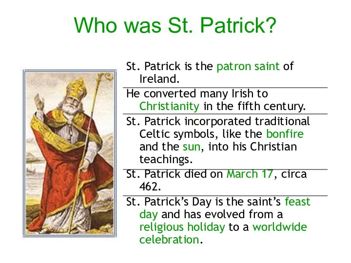 Who was St. Patrick? St. Patrick is the patron saint of