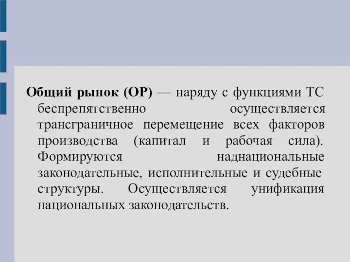 Общий рынок (ОР) — наряду с функциями ТС беспрепятственно осуществляется трансграничное