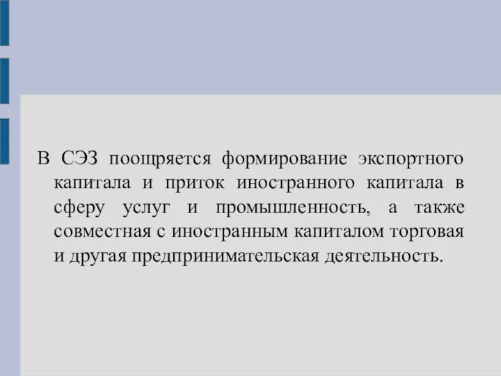 В СЭЗ поощряется формирование экспортного капитала и приток иностранного капитала в