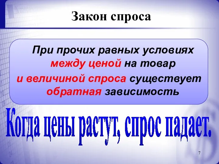 Закон спроса При прочих равных условиях между ценой на товар и