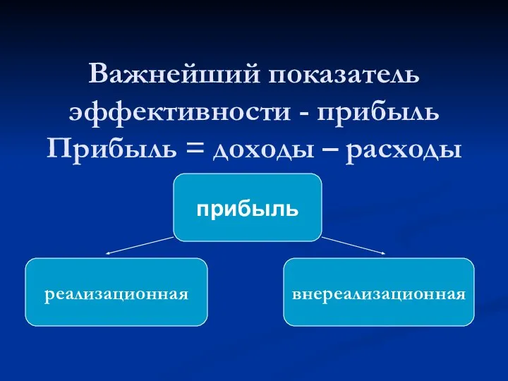 Важнейший показатель эффективности - прибыль Прибыль = доходы – расходы прибыль реализационная внереализационная