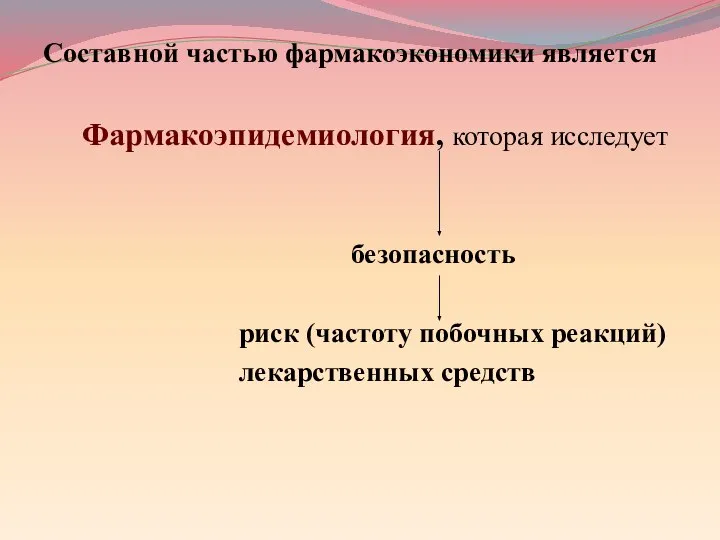 Составной частью фармакоэкономики является Фармакоэпидемиология, которая исследует безопасность риск (частоту побочных реакций) лекарственных средств