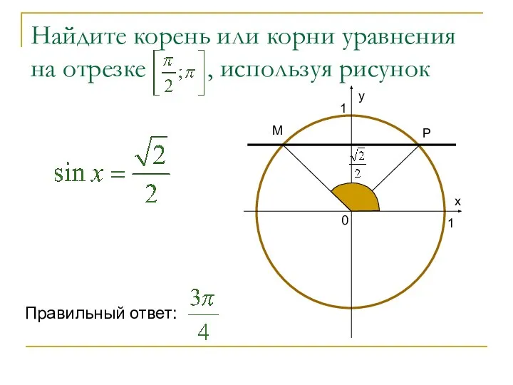 Найдите корень или корни уравнения на отрезке , используя рисунок Р М Правильный ответ: