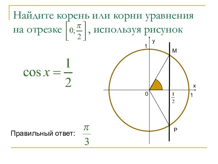 Найдите корень или корни уравнения на отрезке , используя рисунок Р М Правильный ответ: