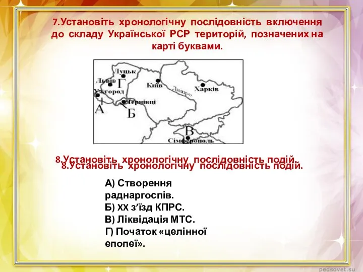 7.Установіть хронологічну послідовність включення до складу Української РСР територій, позначених на