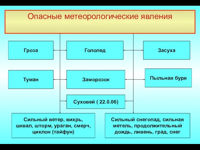 Опасные метеорологические явления Гроза Заморозок Суховей ( 22.0.06) Туман Сильный ветер,