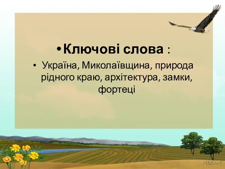 Ключові слова : Україна, Миколаївщина, природа рідного краю, архітектура, замки, фортеці