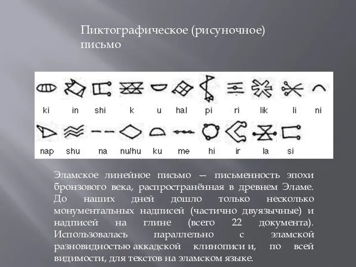 Пиктографическое (рисуночное) письмо Эламское линейное письмо — письменность эпохи бронзового века,