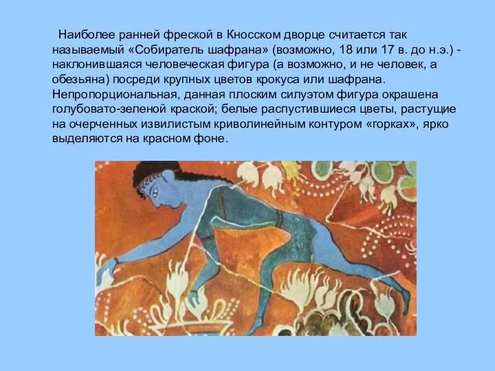 Наиболее ранней фреской в Кносском дворце считается так называемый «Собиратель шафрана»