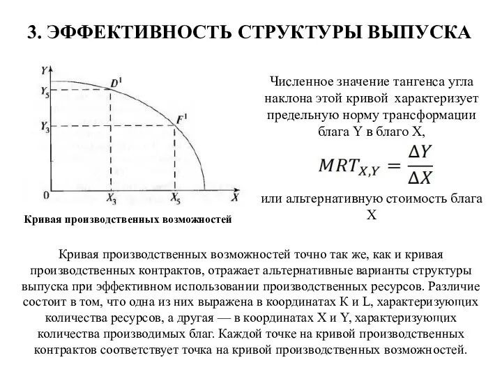 Кривая производственных возможностей 3. ЭФФЕКТИВНОСТЬ СТРУКТУРЫ ВЫПУСКА Кривая производственных возможностей точно