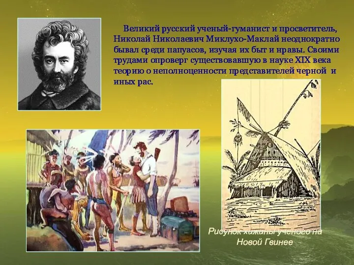 Рисунок хижины ученого на Новой Гвинее Великий русский ученый-гуманист и просветитель,