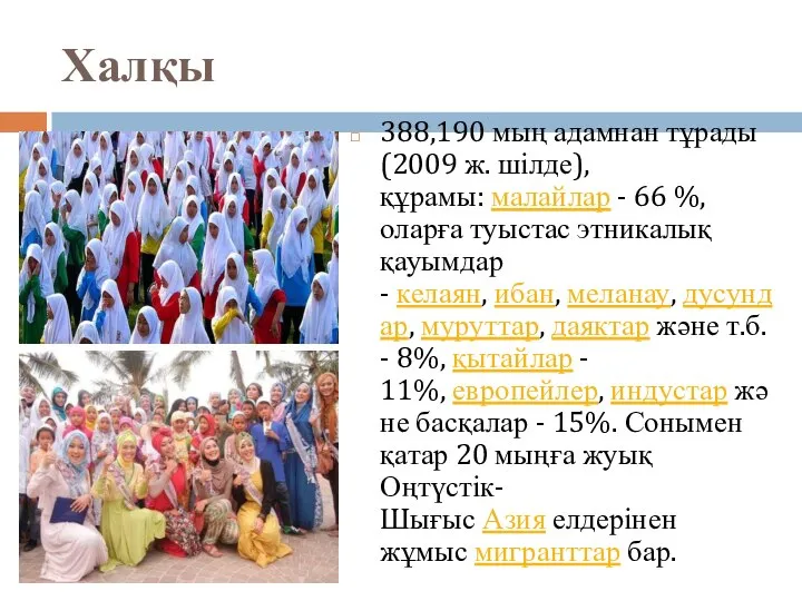 Халқы 388,190 мың адамнан тұрады (2009 ж. шілде), құрамы: малайлар -