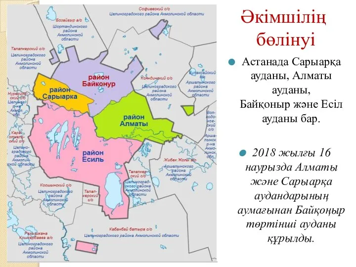 Әкімшілің бөлінуі Астанада Сарыарқа ауданы, Алматы ауданы, Байқоныр және Есіл ауданы