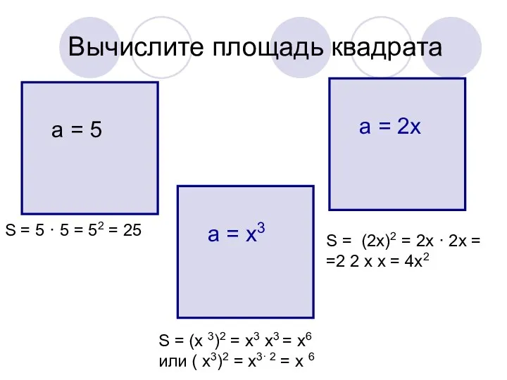 Вычислите площадь квадрата а = 5 а = 2х а =