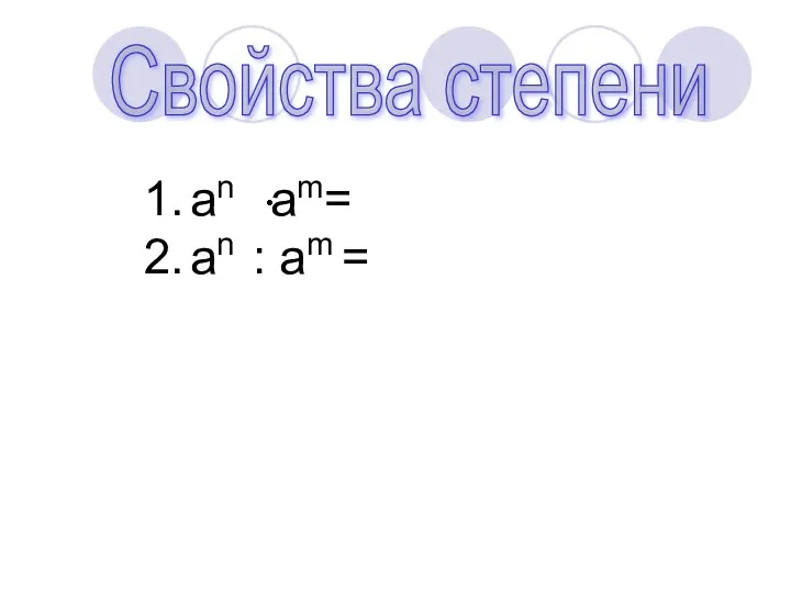 Свойства степени аn am= аn : аm =