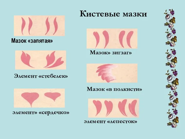 Кистевые мазки Мазок «запятая» Мазок» зигзаг» Элемент «стебелек» Мазок «в полкисти» элемент» «сердечко» элемент «лепесток»