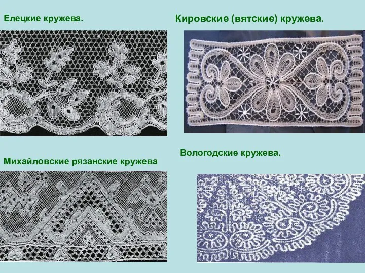 Кировские (вятские) кружева. Михайловские рязанские кружева Елецкие кружева. Вологодские кружева.