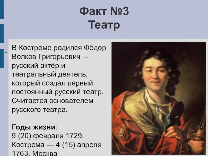 Факт №3 Театр В Костроме родился Фёдор Волков Григорьевич –русский актёр