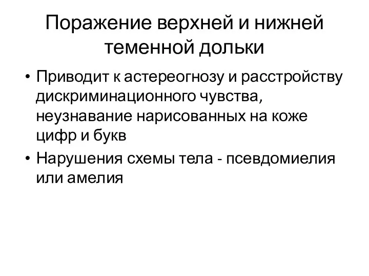 Поражение верхней и нижней теменной дольки Приводит к астереогнозу и расстройству