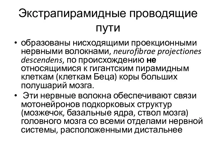 Экстрапирамидные проводящие пути образованы нисходящими проекционными нервными волокнами, neurofibrae projectiones descendens,