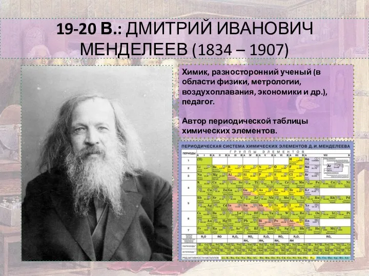 19-20 В.: ДМИТРИЙ ИВАНОВИЧ МЕНДЕЛЕЕВ (1834 – 1907) Химик, разносторонний ученый