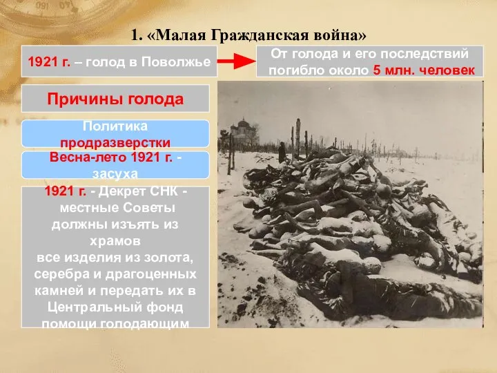 1. «Малая Гражданская война» 1921 г. – голод в Поволжье От