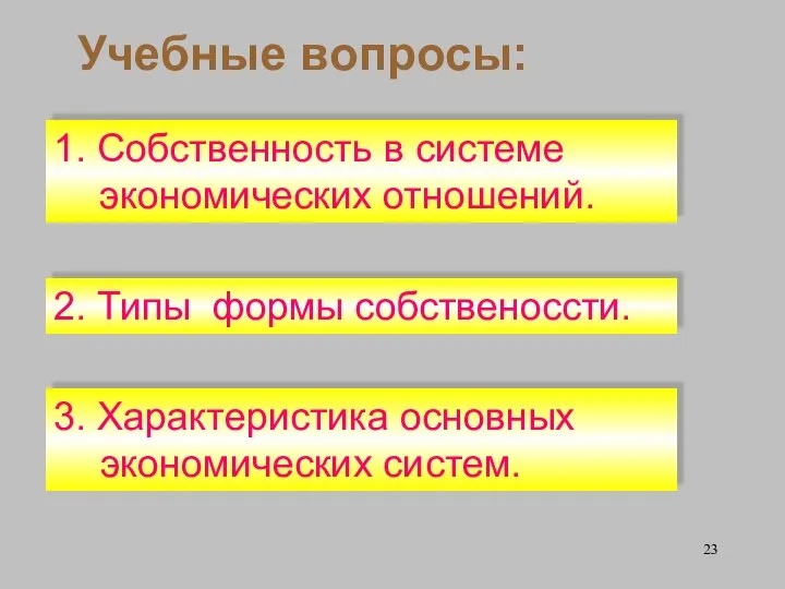 1. Собственность в системе экономических отношений. 2. Типы формы собственоссти. Учебные